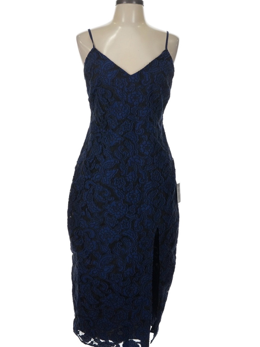 Lulu's Navy Blue & Black Lace Midi Dress with Spaghetti Straps